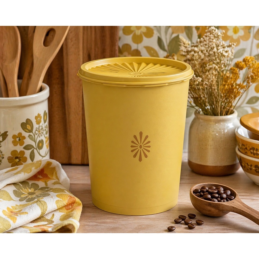 Tupperware Servalier Canister Harvest Gold Starburst Lid 70s Mod Retro Container